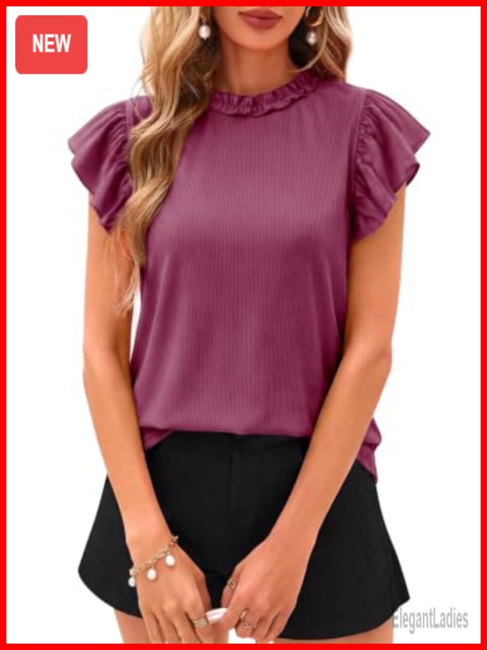 Womens Ruffle Crewneck Flutter Sleeve Soft Knit Top